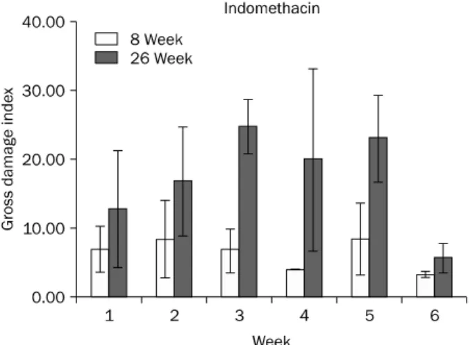 Table 1. Occurrence of Small Bowel Damage in the Indomethacin Group during Six Weeks in 8- or 26-Week Rats