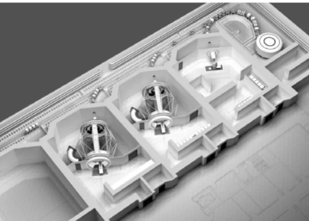 Figure 4. Graphic structural design of Proton Therapy Center in National Cancer Center (Goyang, Korea), which is composed of cyclotron, beam transport system, two rotating gantry and one fixed beam rooms