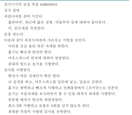 Table 2. The process of office spirometry 검사기기의 보정 측정 (calibration) 검사 설명 피검사자를 준비 시킨다 흡연여부, 최근에 앓은 질병, 약물투여 등에 대하여 물어본다