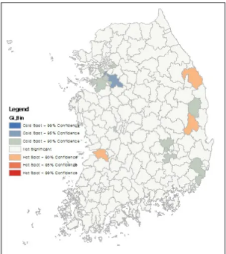 Fig. 4. Result of hot spot analysis on integration index 지역안전통합지수의 핫스팟 분석결과, Table 4와 같이 강원 도 삼척시, 경상북도 청송군, 전라북도 김제시 등 총 3곳의 핫 스팟 지역이 표출되었다