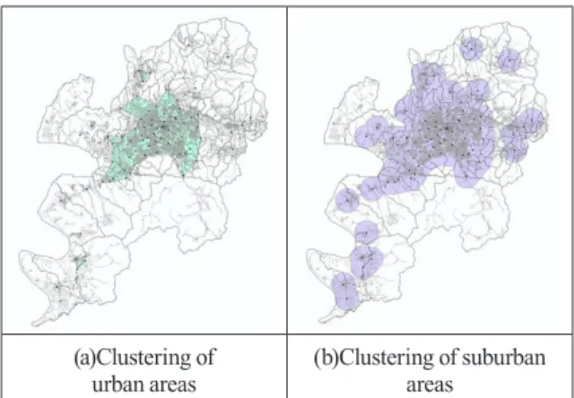 Fig. 6은 QGIS DBSCAN기능을 이용하여 연구지역 중 도심 지역으로서 공공기관 데이터 밀도가 높고 반경 1.8km 이내의  공공기관끼리의 군집화를 진행한 것과 공공AED 거점센터 최 소반경 1.8km로 버퍼를 설정하여 서비스 영역을 도출하였다