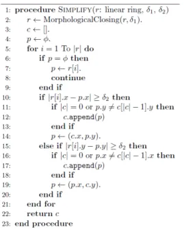 Fig. 8. Algorithm to simplify a rectlinear linear ring 경계면을 단순화한 후 서로 다른 공간이 교차하는 것을 방 지하기 위하여 차연산을 수행한 후, 결과 경계면을 이용하여  Fig