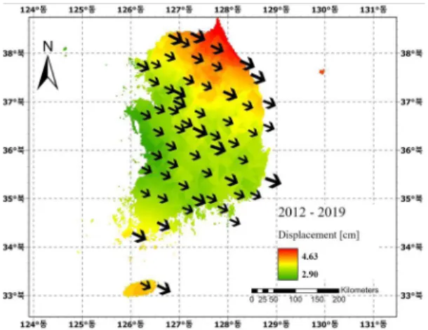 Fig. 7. Displacement of NGII stations(after earthquake)  3) 한반도 지각의 내부적 왜곡 관측 한반도 내의 상시 관측소는 모두 같은 크기와 방향으로 움직 이지 않는다