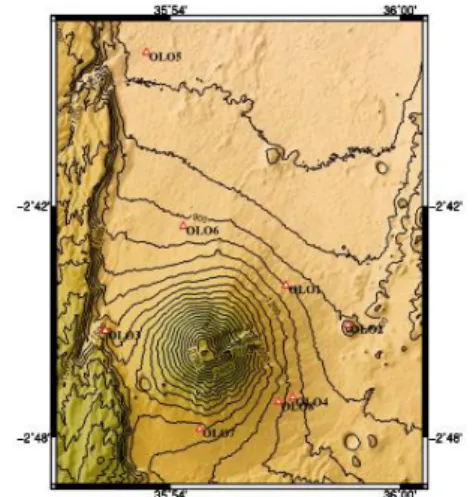 Fig. 1. GPS stations installed at Ol Doinyo Lengai Fig. 1. shows how GPS equipment’s are distributed around  our study area