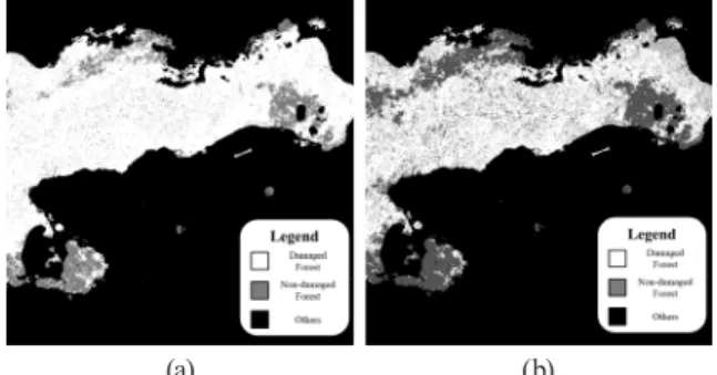Fig. 5. ExG calculation and entropy ﬁltering (a) ExG in the  forest areas, (b) Distribution of ExG, (c) Entropy ﬁltering  results in the forest areas, (d) Distribution of ExG entropy The threshold values for ExG and ExG entropy were  automatically determin