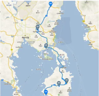 Fig. 5. Road map for ﬁeld survey of National road 77 본 연구에서 수행한 도로표지 위치데이터 검증 현장 조사 에서는 교량 구간, 터널 진출입 구간, 편도 1차선 도로 구간, 정 차 불가능 지점, 방음벽 간섭 구간 등의 도로표지 측량 조사가  불가능 한 지점의 도로표지는 조사 대상에서 제외하였다