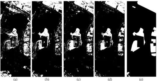 Fig. 6. Change detection maps obtained from the proposed method and other methods for  site 1 (a) PCA with SVM, (b) fully connected LSTM, (c) CD network with 2d kernel, (d) CD 