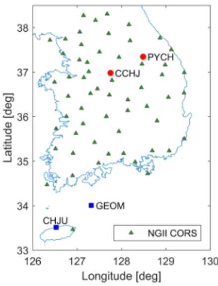 Fig. 1. Location map of CORS used in this study Fig. 1에서  보는  것처럼  본  연구에서는  내륙  지역에  평창 (PYCH)과  충주(CCHJ)  상시관측소를  선정하였다
