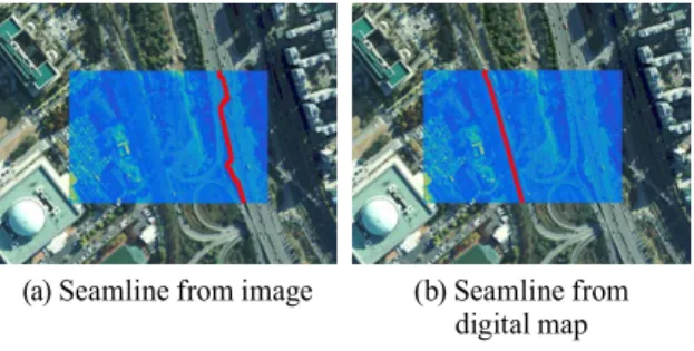 Fig. 32. Seamline comparison and difference of  mosaicked images Fig. 33은  영상과  수치지도에서  추출한  접합선을  비교한  결과이며 , 영상의 경우는 도로를 통과하는 접합선이 추출되지만(Fig