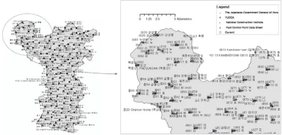 Fig. 4는 제천시 현재 삼각점의 UTM_K 평면직각좌표 위 치를 기준으로 최단 거리위치에 존재하는 측량 역사기준점을  공간연산자에 의해 정합한 결과이다