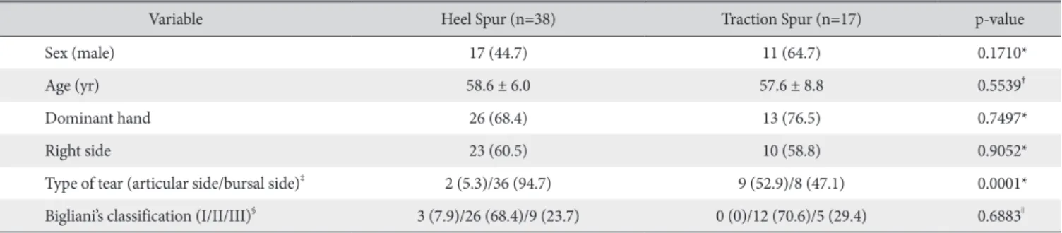 Table 5. Significant Factors for Bursal Side Rotator Cuff Tears by Univariate  and Multivariate Logistic Regression Analysis between the Groups of Heel  and Traction Spur*