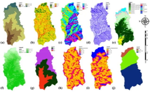Fig. 3. Landslide conditioning factor used for landslide  susceptibility mapping: (a) altitude, (b) slope, (c) aspect,  (d) mean topographic wetness index, (e) landcover, (f)  normalized difference vegetation index, (g) dominant soil, 