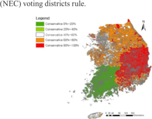 Fig. 1. Political preference map of South Korea with 5  preference classes