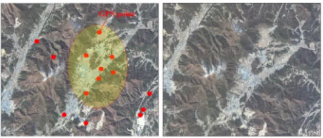 Fig. 2. First (left) and second image (right) obtained from  KOMPSAT-3, GPS points in the Yangsan area