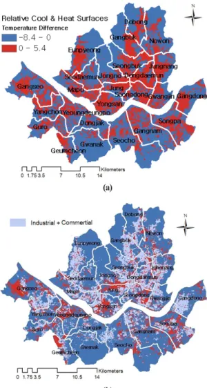 Fig. 6. Comparison of relatively cool and hot surfaces in  Seoul