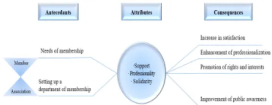 Fig. 2. Antecedents, attributes, and consequences of membership  3.2  회원  지지화 대한의사협회는 2017년 기준 약 10만명[17], 한국임 상병리사협회는 6만 3천여명[18], 한국사회복지사협회는  8천명[19]의 회원을 확보하고 있다