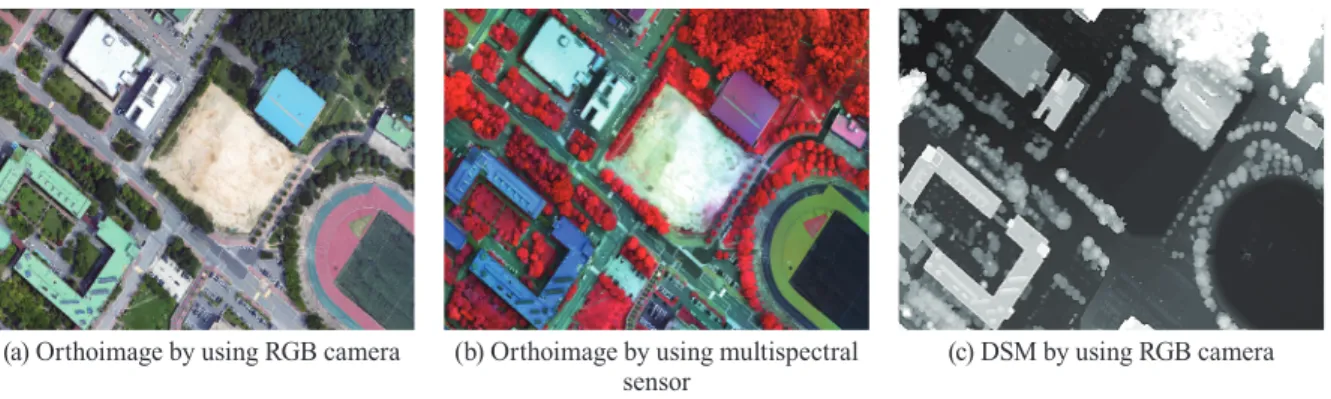 Fig. 4. Orthoimage and DSM in the experimental area(a) Orthoimage by using RGB camera(b) Orthoimage by using multispectral 