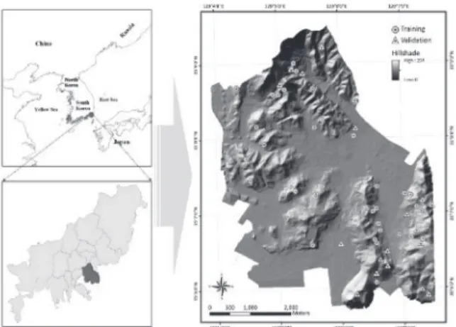 Fig. 1. Study area location map with hillshading and  landslide inventory