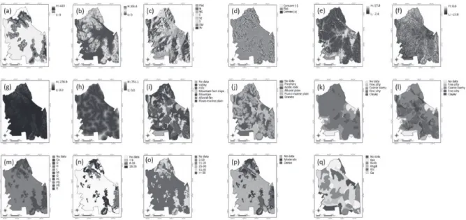 Fig. 2. Landslide conditioning factors: (a) elevation, (b) slope, (c) aspect, (d) curvature, (e) TWI, (f) SPI, (g) STI,  (h) distance from drainage, (i) soil topography, (j) soil material, (k) soil texture, (l) soil thickness, (m) timber type, 