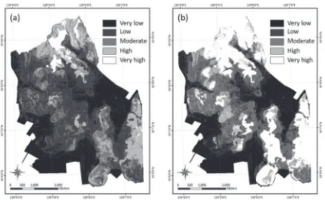 Fig. 3. Landslide susceptibility map produced using  (a) the frequency ratio and 