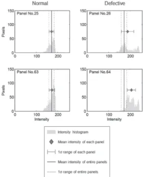 Fig. 4. Examples of the intensity histogram and statistical  characteristics of normal and defective panelsFig