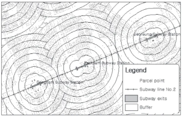 Fig. 2. Buffers and parcel points in the Gangnam area