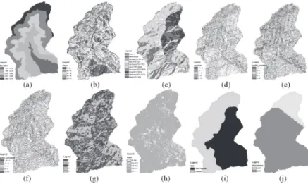 Fig. 2. Controlling factors maps of the study area: (a) Elevation, (b) Slope, (c) Aspect, (d) Curvature, (e) Proﬁle curvature,  (f) Plain curvature, (g) Unsupervised class, (h) NDVI, (i) Dominant soil, and (j) Annual rainfall