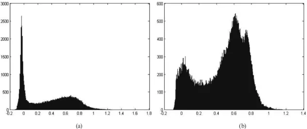 Fig. 2. Histograms of images that require ground albedo correction ((a) histogram of an image at 00:00 on 2013.7.21(UTC),  (b) histogram of an image at 00:00 on 2013.7.30(UTC))