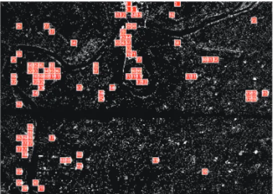 Fig. 5. Change detection between LiDAR and Kompsat-2  based on the discriminant function (the boxes with ID 