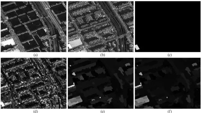 Fig. 4. Change detection results by IR-MAD based algorithms : (a) ground truth data, (b) pixel-based IR-MAD, (c) object- object-based IR-MAD, (d) object-object-based IR-MAD using cross-sharpened images