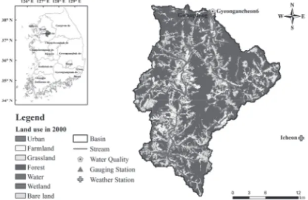 Fig. 1. Location of this study area, land use map in  2000, and hydro-meteorological gauging stations in the 