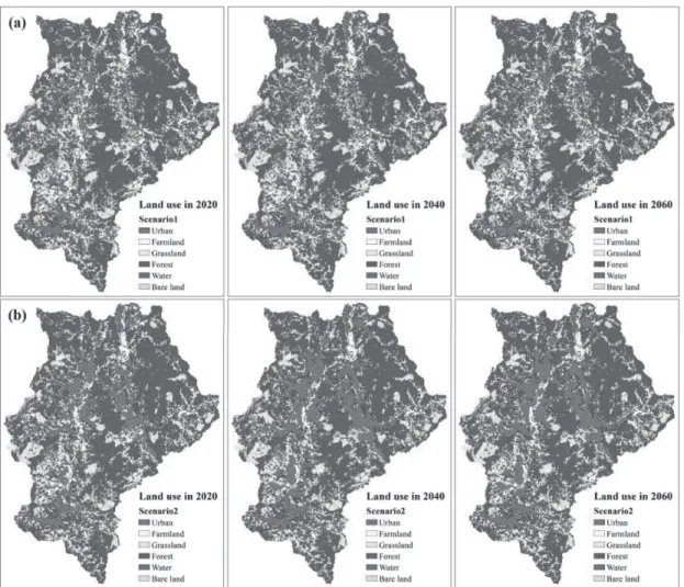 Fig. 4. Predicted urban growth under each scenario in the Gyungan River watershed in 2020, 2040 and 2060 (a) Scenario 1: conservation