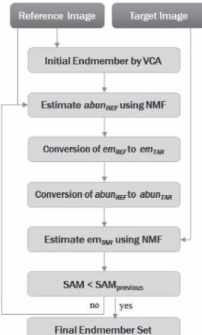 Fig. 1 shows the entire process of the endmember set  estimation that we proposed. Each NMF unmixing updates  the endmember sets or abundance maps of REF and TAR,  which was done using multiplicative update rules as follows:   ×   