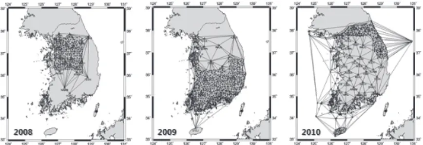 Table 1. Statistics of annual permanent station Fig. 1. The network map of 2008∼2010 permanent station