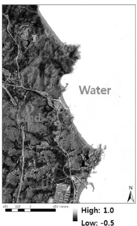Fig. 2. NDWI imagery generated from KOMPSAT-2 imagery