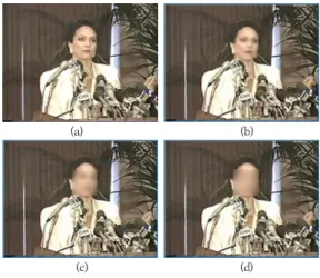Fig. 4 (a)는 얼굴 영역이 노출되어 있는 사람을 포함 하고 있는 장면을 촬영한 입력 영상의 한 예를 보여준다.  Fig. 4 (b)는 타원형의 피부 색상 분포 모델과 인공적인  심층 신경 학습을 이용하여 사람의 얼굴 영역을 강인하 게 검출하고, 검출된 얼굴 영역을 σ를 0.5로 설정한 다음  블러링을 사용하여 효과적으로 블로킹한 결과 영상을 보 여준다
