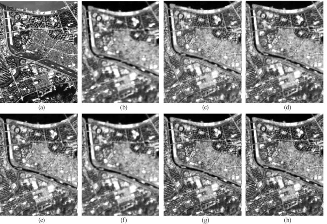 Fig. 5. Image fusion results(band composite: Red(2335㎚), Green(1488㎚), Blue(824㎚)): (a) original ALI panchromatic  image, (b) original Hyperion image, (c) fused result (case ①), (d) fused result (case ②), (e) fused result (case ③), (f) fused 