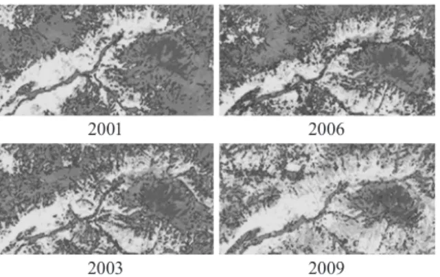 Fig. 7. Land cover classiﬁcation of urban area by MLC,  Part A Class2001  2003  2006  2009 Green area38.0%35.8%38.3%39.3%Mixed area27.6%27.2%26.9%24.1%Sandy area17.7%19.4%18.8%19.5%Mining area16.7%17.6%16.0%17.1%