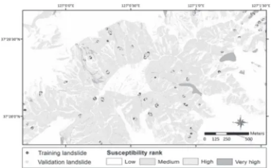 Fig. 8. Landslide susceptibility index map using  airborne LiDAR and logistic regression