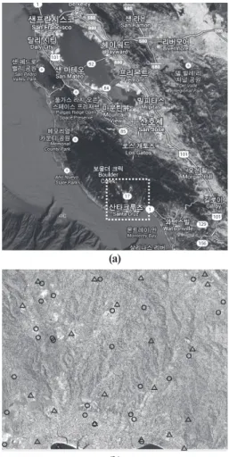 Fig. 1. Tested site. (a) location(Google Map) (b) Kompsat-3  image with controls(triangles) and tie points(circles)