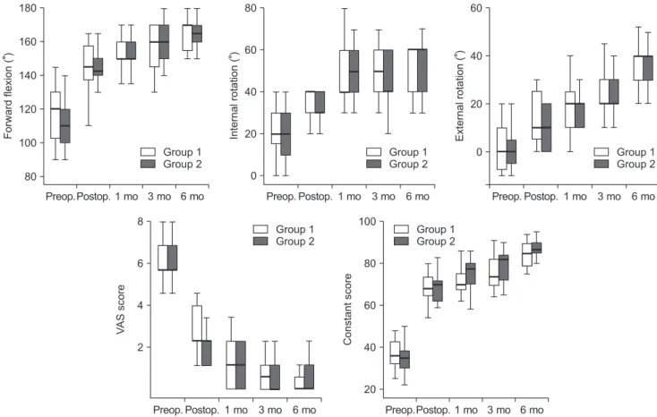Fig. 3. There was highly significant improvement of range of motion (forwad flexion, internal rotation, external rotation) and functional scores (visual analogue  scale [VAS] score, Constant score) 6 months follow-up in both groups