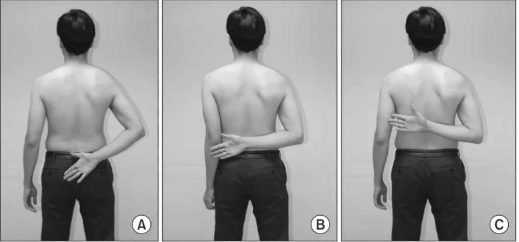 Fig. 3. Posture of internal rotation forward  flexion referenced by body parts. (A) Arm  can reach trouser belt, (B) back of the  oppo-site elbow, (C) lower tip of the scapula.