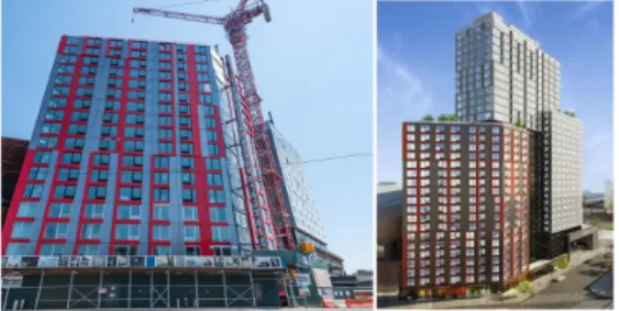 Fig. 4. B2(461 Dean St.) Modular Construction Images (Source:  Brownstoner.com) 3.2.4  개발사업자의  자체적  문제  관련  이슈 개발사업자는 사업의 재정적 위기를 타계하기 위해 새 로운 기술적 방안인 모듈식 공법 그리고 재정적 방안인  외국인투자자 및 투자방식을 유치를 고안하였다