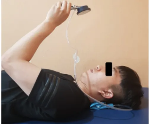 Fig.  2.  The  craniovertebral  angle  was  assessed  directly  from  a  side-view  picture  using  a  protractor  and  a  straight  edge