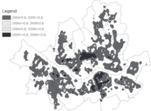 Fig. 2. Central place changes, 2004-2009.