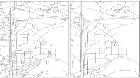 Fig. 3. Road network and the concept of stroke (Thomson  and Richardson, 1999) 본 연구에서는 우선, 누락되거나 잘못 기입된 속성값(차로 수, 도로폭, 도로구분 등)들에 대해서 도로명주소 전자지도의  도로구간 데이터로부터 동일한 도로객체의 속성값을 추출하 여 도로중심선 데이터의 속성값을 수정하였다