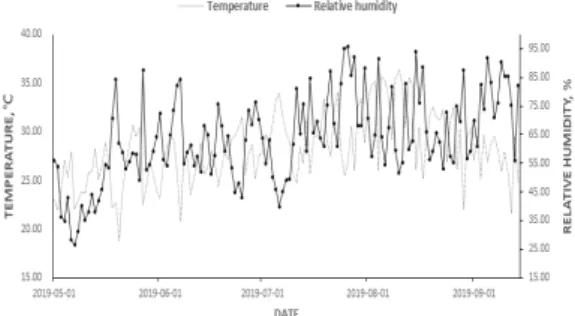 Fig.  1.  Daily  pattern  of  air  temperature  and  relative  humidity at 14:00 during experimental period.
