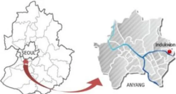 Fig.  1.  Location  of  Testbed  (Indukwon,  Anyang) 3.3  서비스모델 시민제공서비스는  크게  a.긴급상황  대응서비스,  b.용 의자 자동추적서비스, c.사회안전망 정보공유시스템으로  구분된다