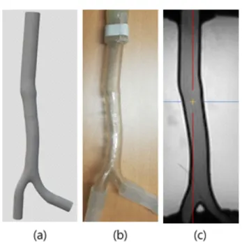 Fig. 2. Abdominal aorta phantom. (a) 3D modeling (b) 3D printing (c) 4D PC MRI image