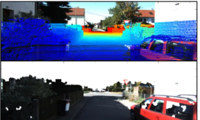 Fig. 3. The 3D point cloud re-projected on the image (Top),  and the corresponding area of the image (Bottom)